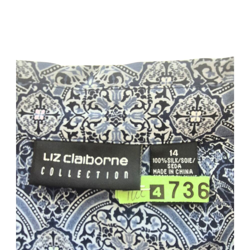 Liz Claiborne Silk Blouse Sz 14 Boho Print Long Sleeve Top Button Blue Office - Picture 6 of 8